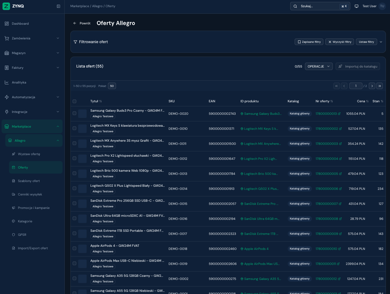 ZYNQ — lista ofert Allegro w panelu marketplace